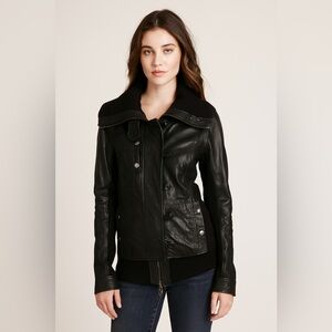 Nicholas K Women’s Black Leather Half-Knit Collar Moto Jacket Y2K Avant-Garde